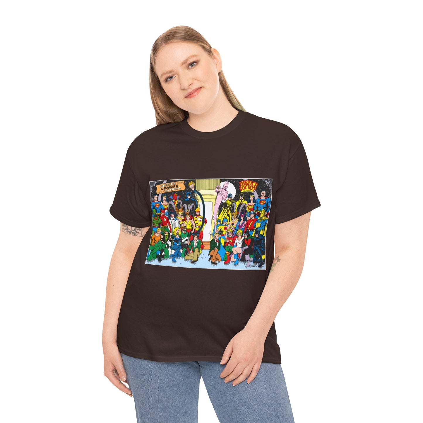 JLA & JSA T-Shirt - George Perez Art - Justice League, Society Team-up - Batman, Wildcat, Dr Fate, Hourman, Firestorm, Superman
