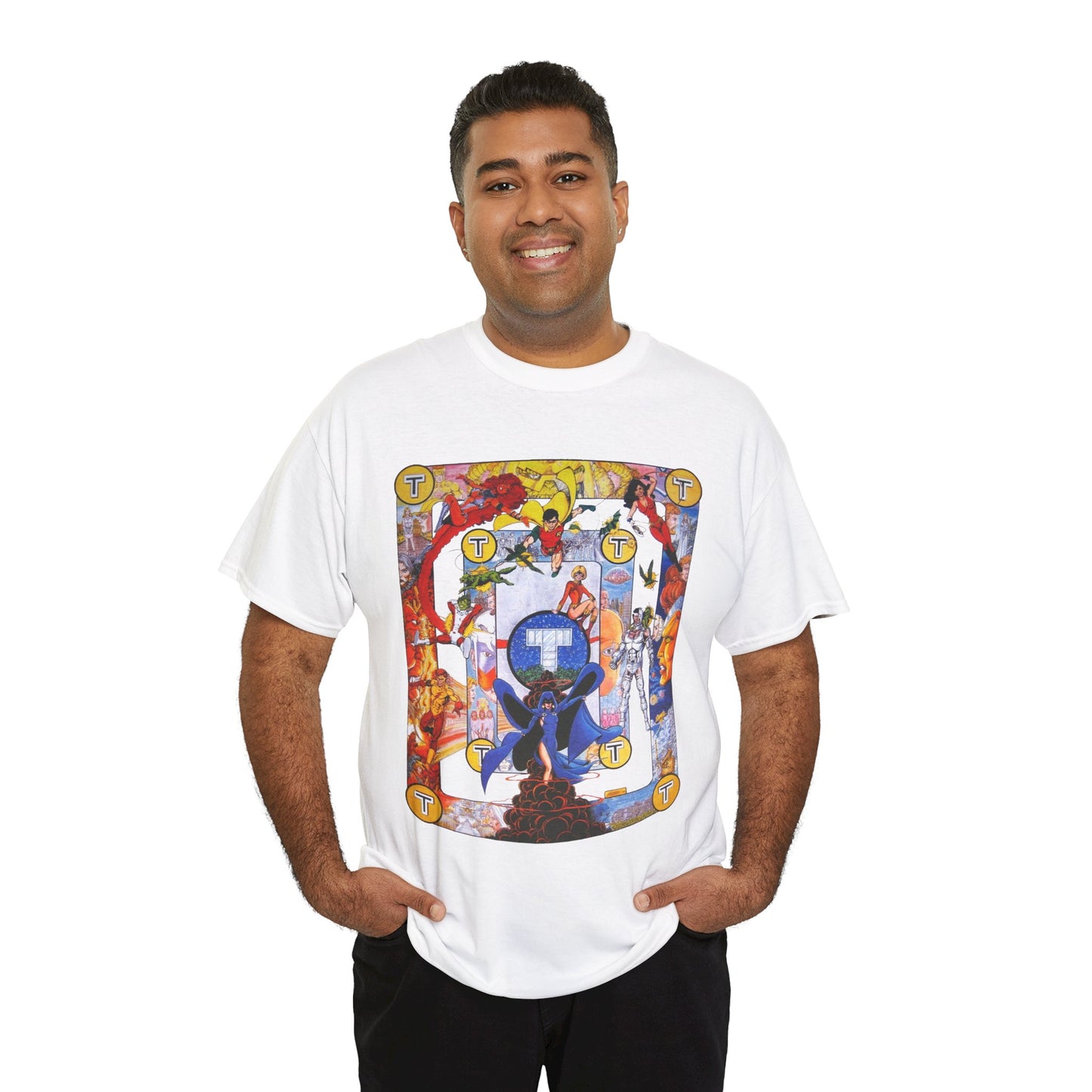 New Teen Titans Poster T-Shirt - George Perez Art - Cyborg, Raven, Robin, Terra, Wonder Girl, Changeling, Kid Flash, Deathstroke, Blackfire - DC Comics