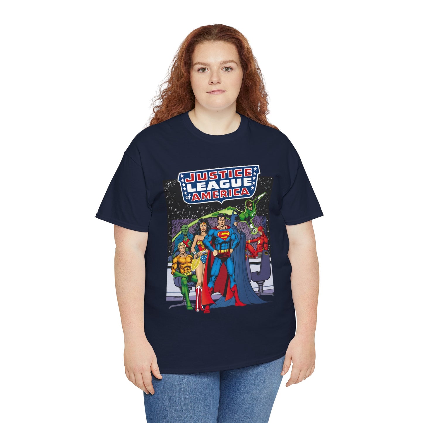 Justice League T-Shirt - George Perez Art - JLA Satellite Era - Superman, Wonder Woman, Green Lantern, Batman, Flash, Aquaman, Martian Manhunter - DC Comics