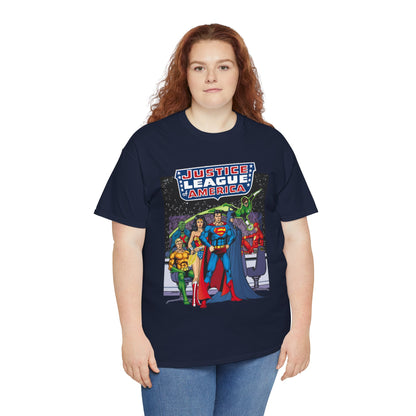Justice League T-Shirt - George Perez Art - JLA Satellite Era - Superman, Wonder Woman, Green Lantern, Batman, Flash, Aquaman, Martian Manhunter - DC Comics