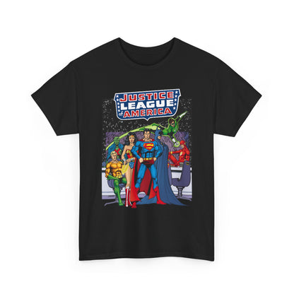 Justice League T-Shirt - George Perez Art - JLA Satellite Era - Superman, Wonder Woman, Green Lantern, Batman, Flash, Aquaman, Martian Manhunter - DC Comics