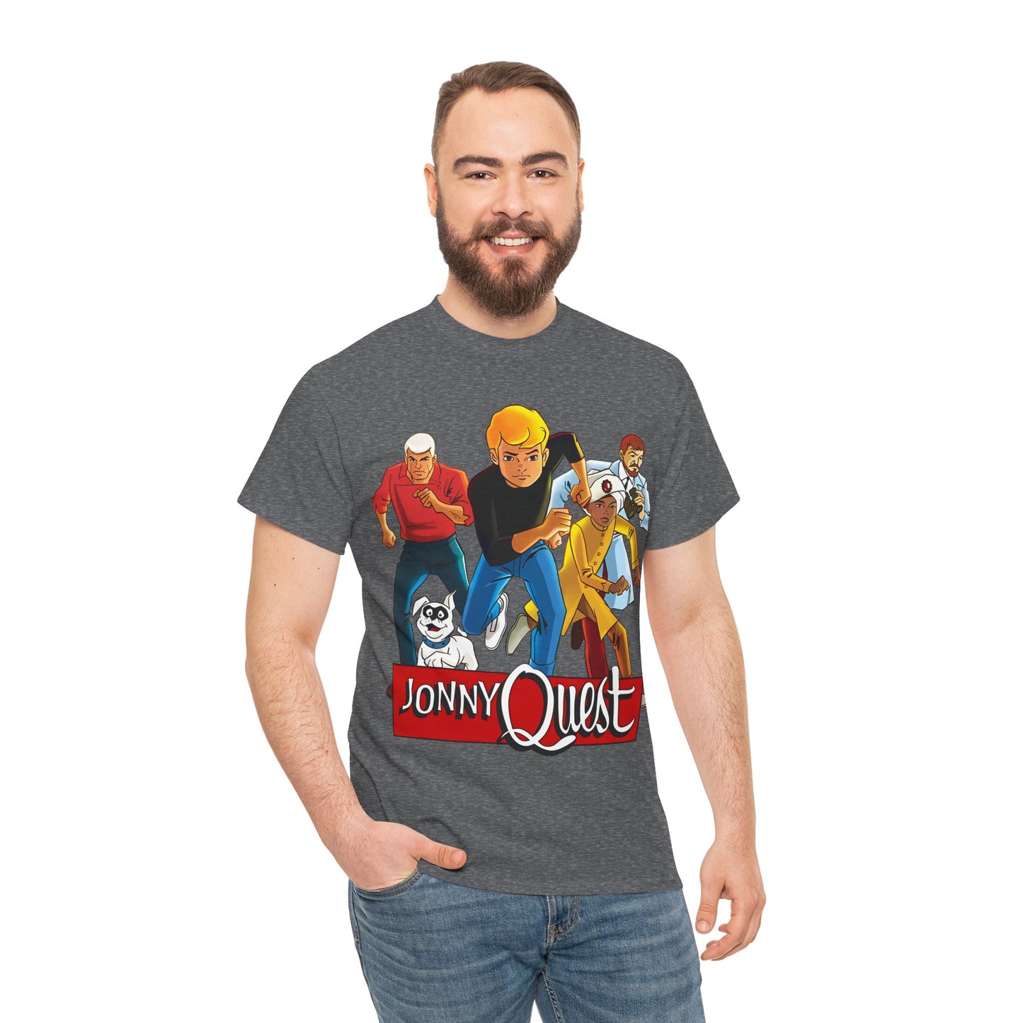 Jonny Quest T-Shirt - Popular Hanna-Barbera Cartoon Characters from the 1960s Adventure TV Show - Dr Benton, Hadji, Race Bannon, Bandit the Dog
