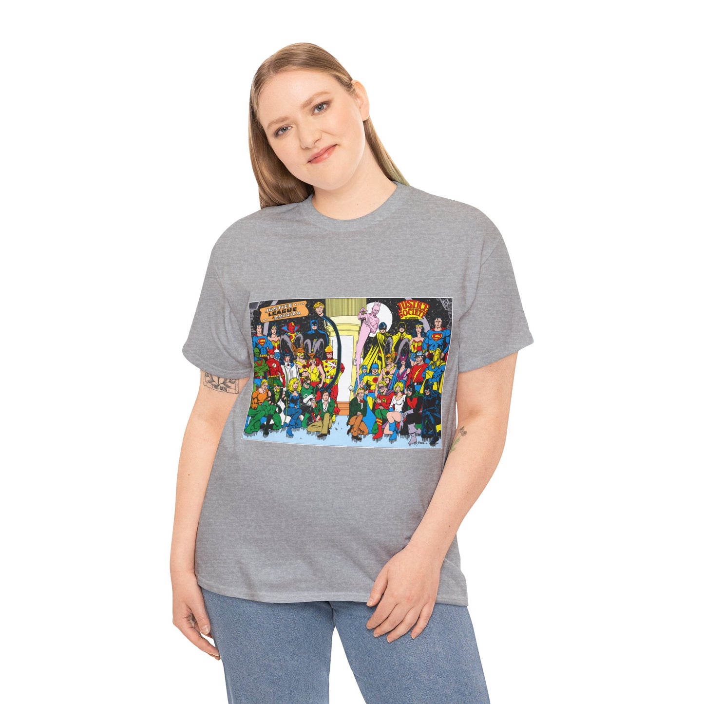 JLA & JSA T-Shirt - George Perez Art - Justice League, Society Team-up - Batman, Wildcat, Dr Fate, Hourman, Firestorm, Superman