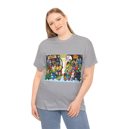 JLA & JSA T-Shirt - George Perez Art - Justice League, Society Team-up - Batman, Wildcat, Dr Fate, Hourman, Firestorm, Superman