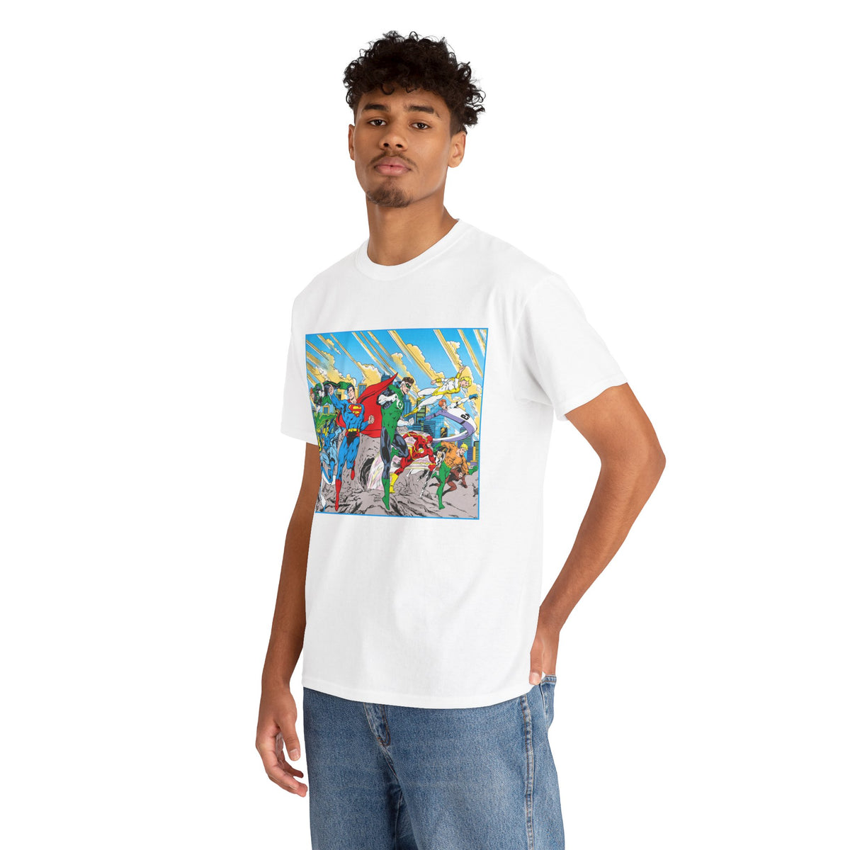 Justice League America/Europe T-Shirt - Dan Jurgens Art - Superman, Blue Beetle, Booster Gold, Green Lantern, Aquaman, Power Girl, Guy Gardner, Flash - DC Comics