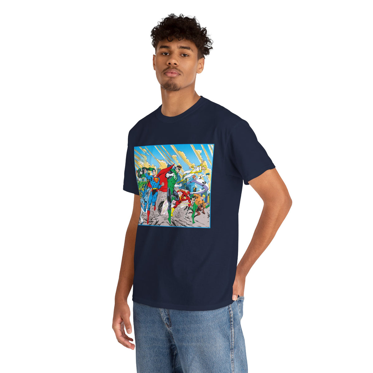 Justice League America/Europe T-Shirt - Dan Jurgens Art - Superman, Blue Beetle, Booster Gold, Green Lantern, Aquaman, Power Girl, Guy Gardner, Flash - DC Comics