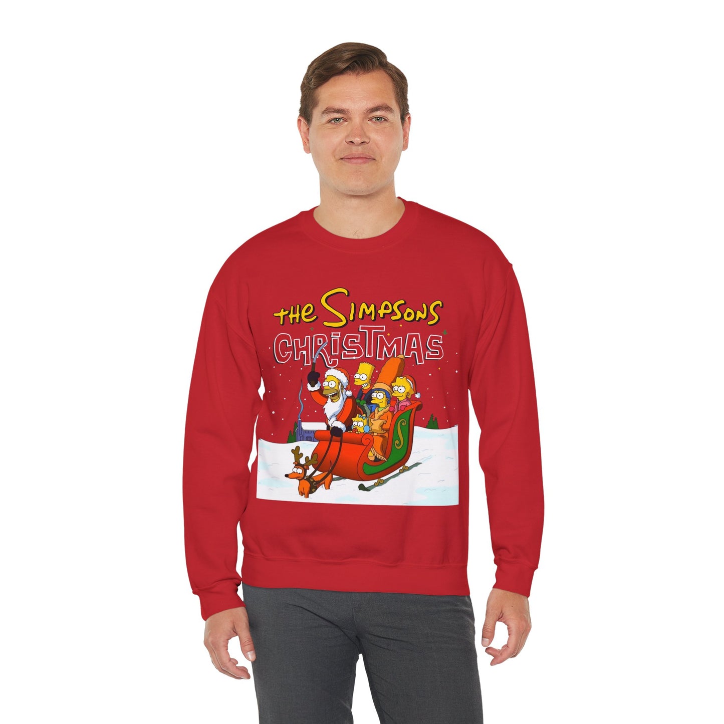 Simpsons Family Christmas Crewneck Sweatshirt - Homer, Marge, Bart, Lisa, Maggie - Riding a Christmas Sleigh Through the Winter Snow
