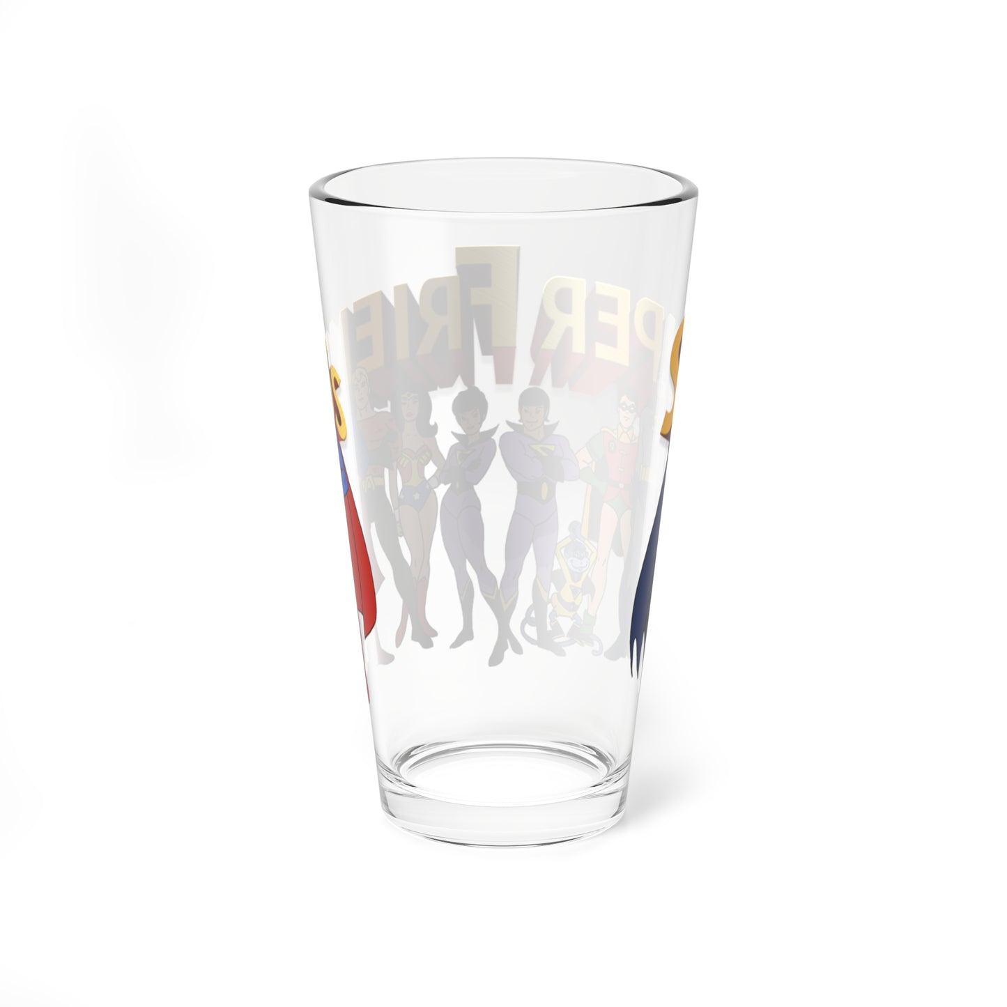 Super Friends Pint Glass, 16oz - Hanna-Barbera Saturday Morning Cartoon - Superman, Batman, Wonder Woman, Aquaman, Robin, Zan, Jayna, Gleek, The Wonder Twins - DC Comics