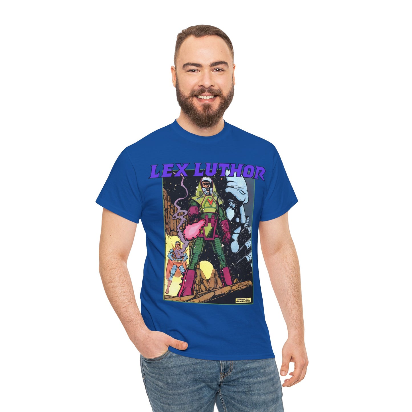 Lex Luthor T-Shirt - George Perez Art - 1980s DC Comics - Action Comics Armor - Inspiration for Super Powers Figure - Superman Enemy