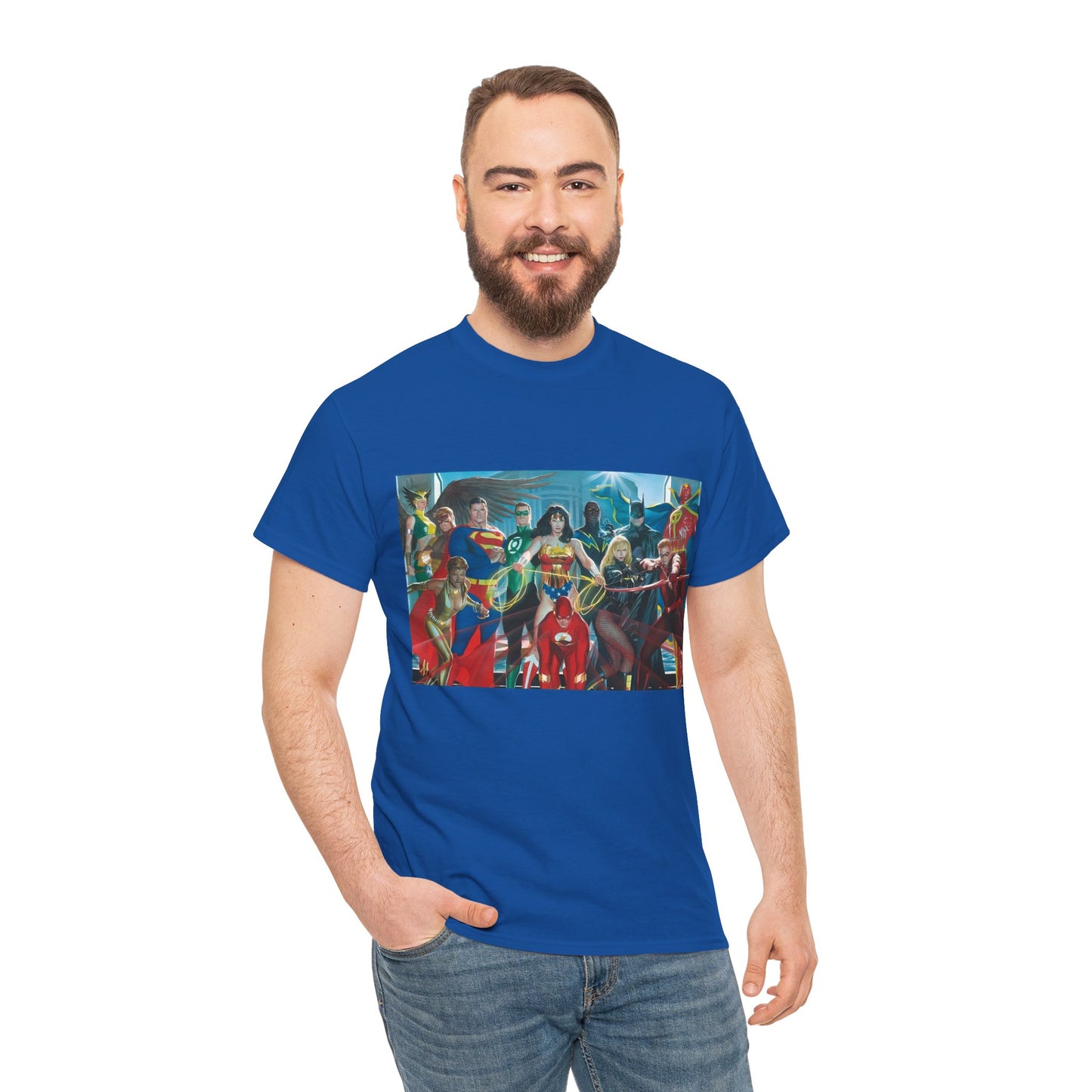 Justice League T-Shirt - Alex Ross Art - Superman, Wonder Woman, Batman, Flash, Black Canary, Vixen, Black Lightning, Green Lantern, Geo-Force, Red Tornado - DC Comics