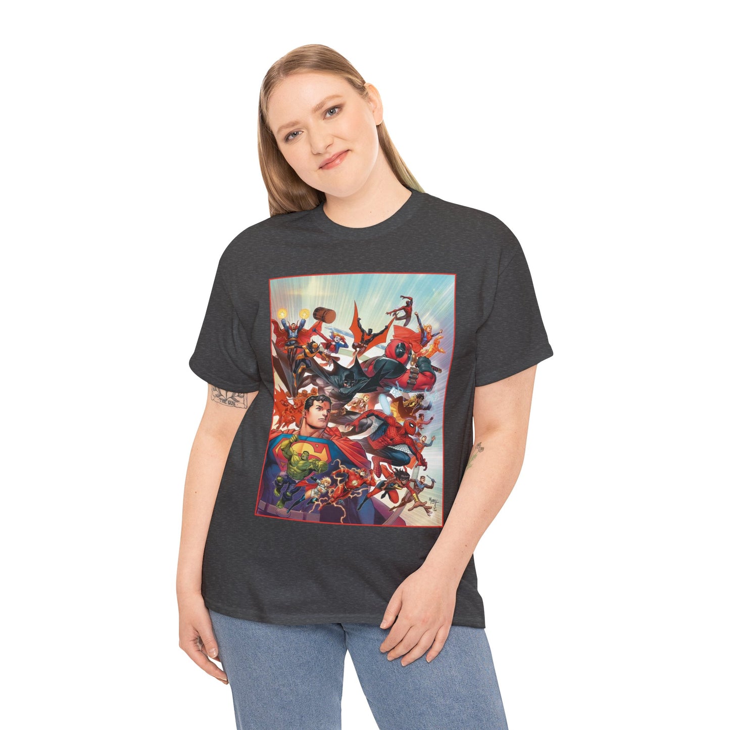 DC/Marvel T-Shirt - The Cosmic Kiss Caper & Other Stories Cover Art - Superman, Deadpool, Spider-Man, Harley Quinn, Batman Beyond, Static, Dr. Strange - DC Comics/Marvel