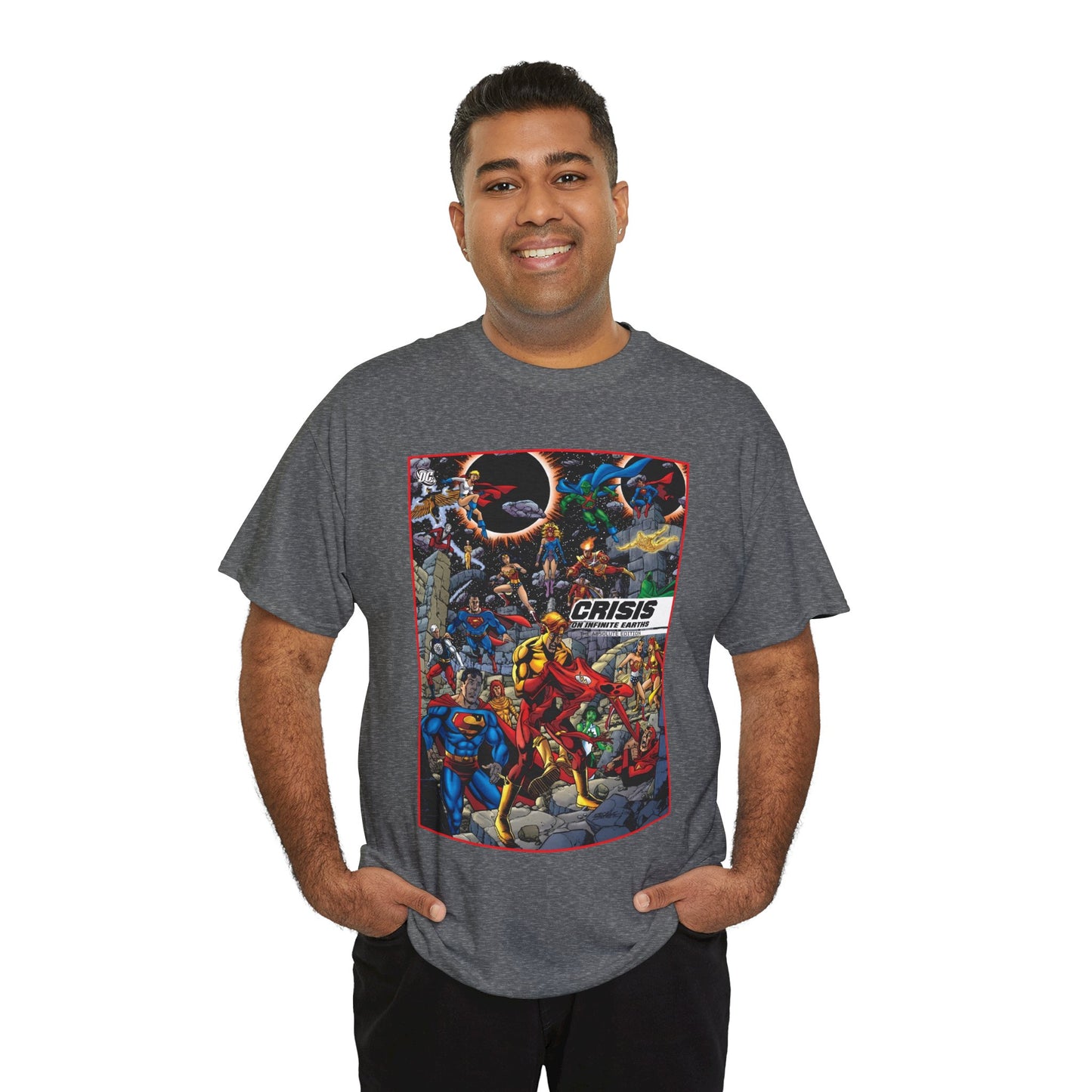 Crisis on Infinite Earths T-Shirt - George Perez Art - Absolute Edition Cover - Flash, Supergirl, Wonder Woman, Kid Flash, Psycho Pirate, Harbinger - DC Comics