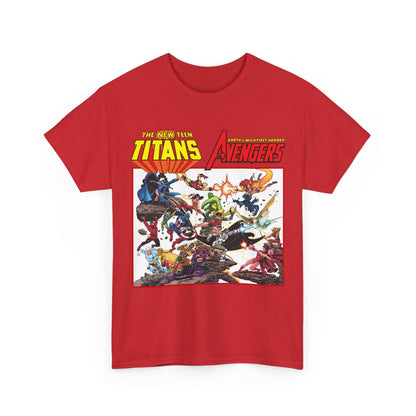 New Teen Titans Vs Avengers T-Shirt - George Perez Art - Hawkeye, Wonder Man, Raven, Starfire, Cyborg, Scarlet Witch, Wonder Girl - DC Comics & Marvel Comics