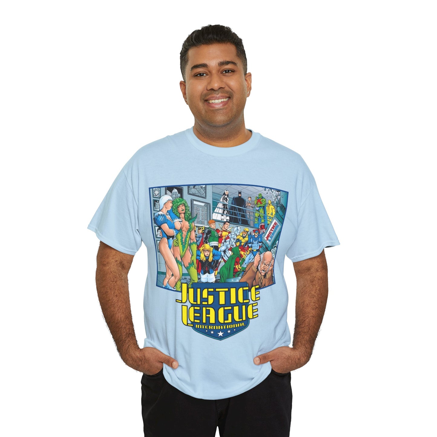Justice League International T-Shirt - Kevin Maguire Art - Blue Beetle, Booster Gold, Martian Manhunter, Captain Atom, Batman, Fire, Ice - DC Comics - JLI