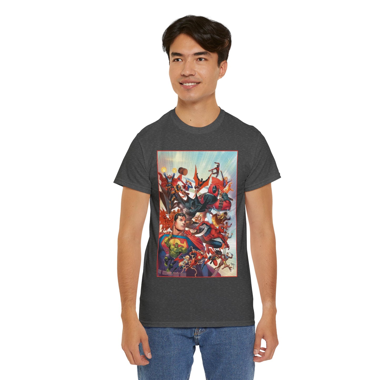 DC/Marvel T-Shirt - The Cosmic Kiss Caper & Other Stories Cover Art - Superman, Deadpool, Spider-Man, Harley Quinn, Batman Beyond, Static, Dr. Strange - DC Comics/Marvel