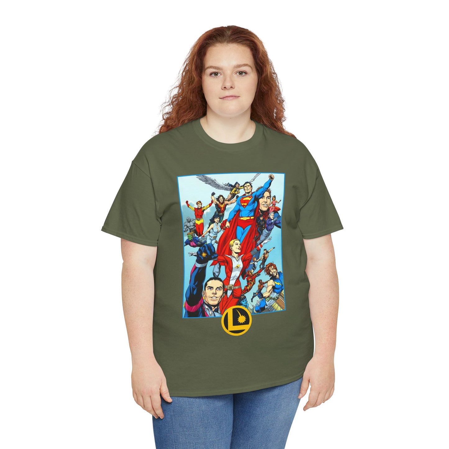 Legion of Super-Heroes T-Shirt - Gary Frank Art - Superman, Saturn Girl, Cosmic Boy, Dawnstar, Brainiac 5, Phantom Girl, Wildfire, Blok, Lightning Lad, Timber Wolf - LOSH - DC Comics