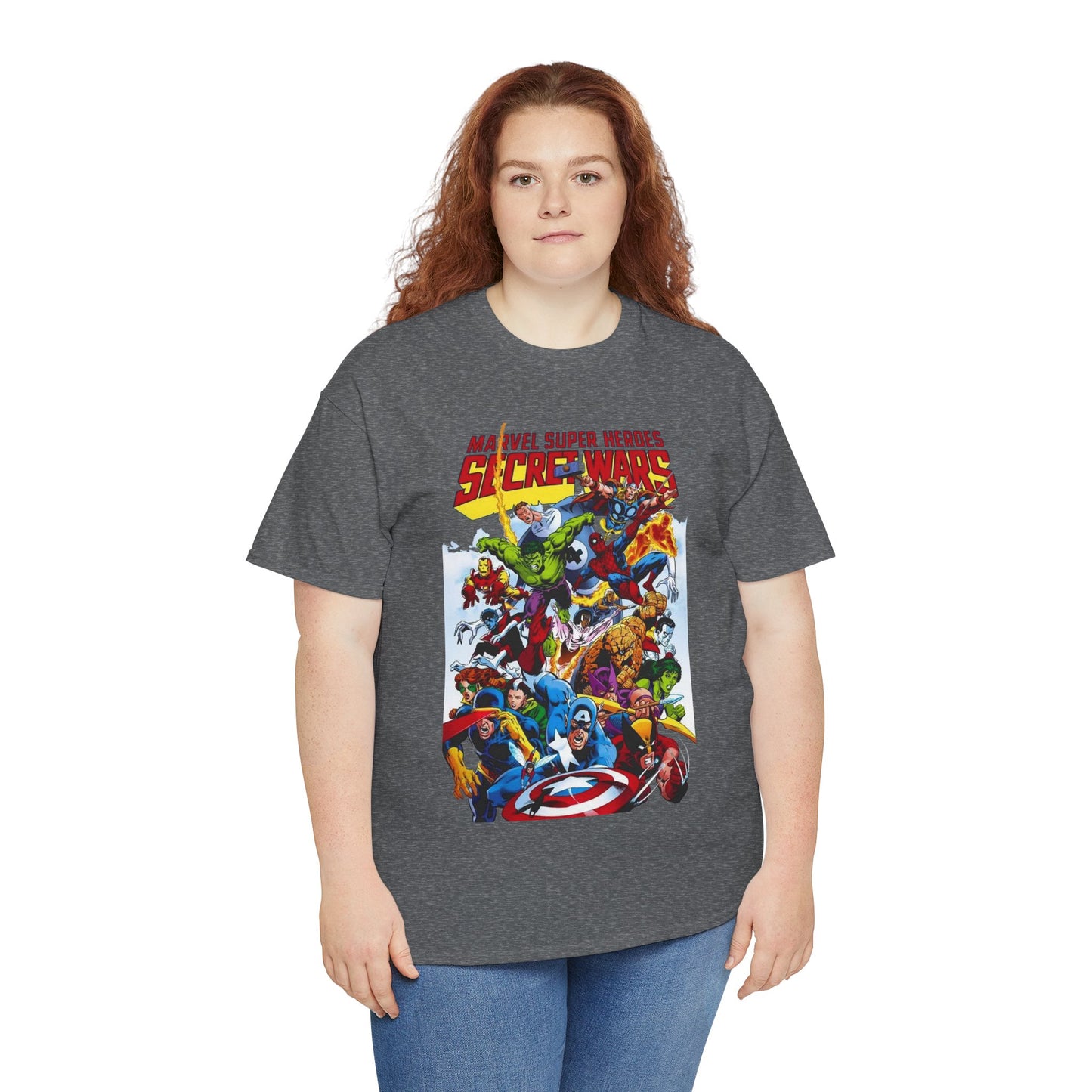 Secret Wars T-Shirt - Spider-man, Wolverine, Iron Man, Captain America, Cyclops, Rogue, Hulk, Mr Fantastic, The Thing - Classic Marvel Comics 1980s Series - The Beyonder