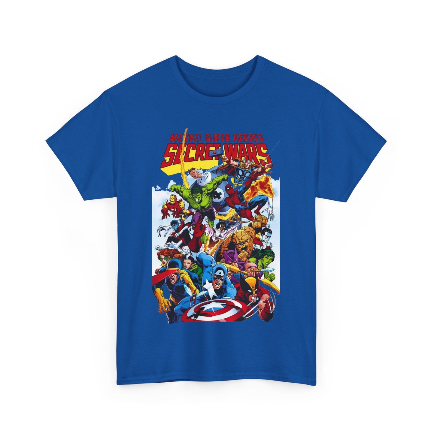 Secret Wars T-Shirt - Spider-man, Wolverine, Iron Man, Captain America, Cyclops, Rogue, Hulk, Mr Fantastic, The Thing - Classic Marvel Comics 1980s Series - The Beyonder