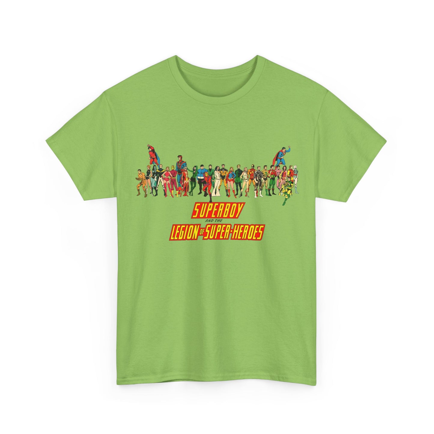 Superboy & Legion of Super-Heroes T-Shirt - 1970s DC Comics Art - Saturn Girl, Lightning Lad, Brainiac 5, Supergirl, Dawnstar, Mon-El, Bouncing Boy, Wildfire - LOSH