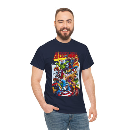 Secret Wars T-Shirt - Spider-man, Wolverine, Iron Man, Captain America, Cyclops, Rogue, Hulk, Mr Fantastic, The Thing - Classic Marvel Comics 1980s Series - The Beyonder
