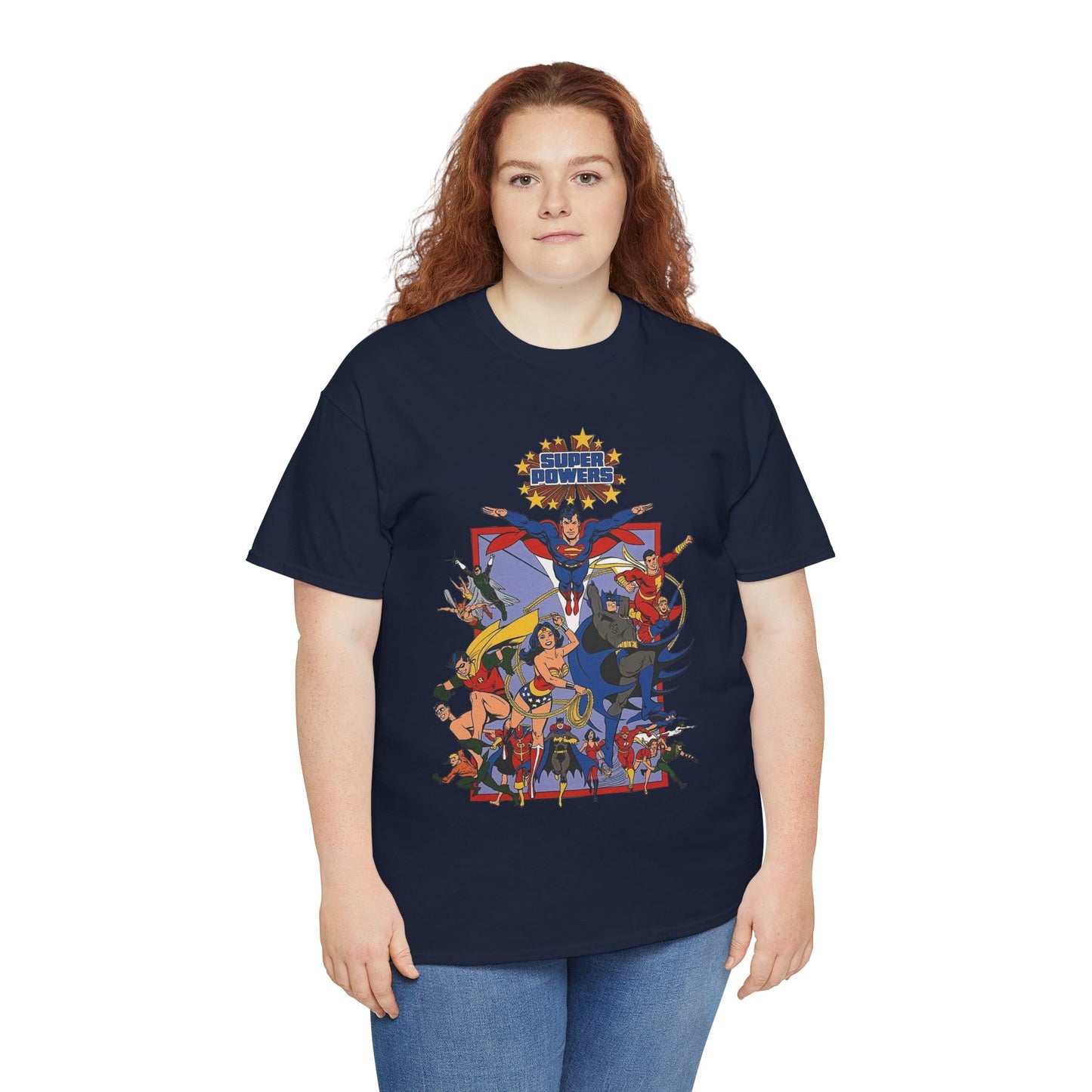 Super Powers T-Shirt - Superman, Flash, Wonder Woman, Batman, Batgirl, Robin, Plastic Man, Aquaman, Hawkman, Supergirl - 1980s Kenner Toy Line - Retro DC Comics