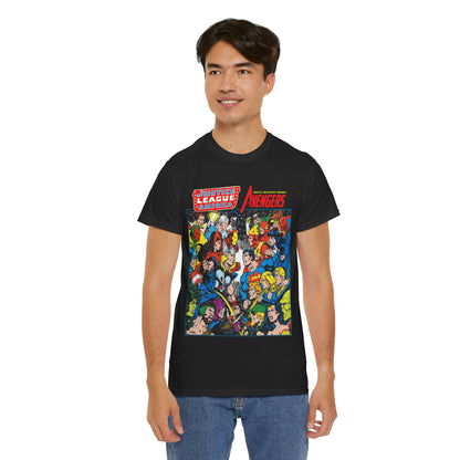 Justice League/Avengers T-Shirt - DC & Marvel Comics Art - George Perez - JLA - Batman, Captain America, Iron Man, Green Lantern