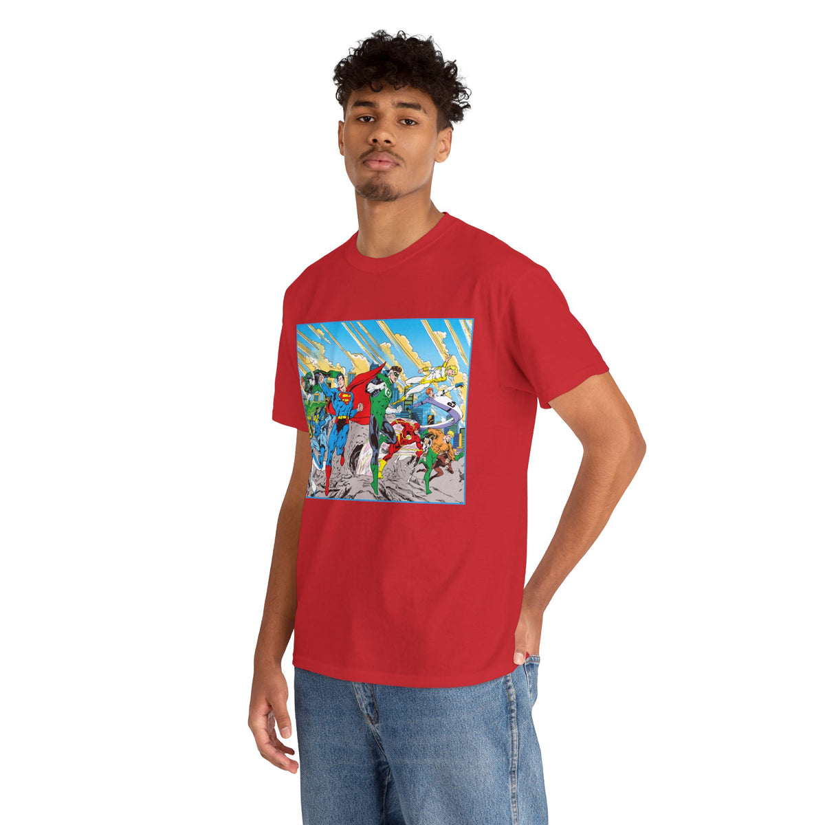 Justice League America/Europe T-Shirt - Dan Jurgens Art - Superman, Blue Beetle, Booster Gold, Green Lantern, Aquaman, Power Girl, Guy Gardner, Flash - DC Comics