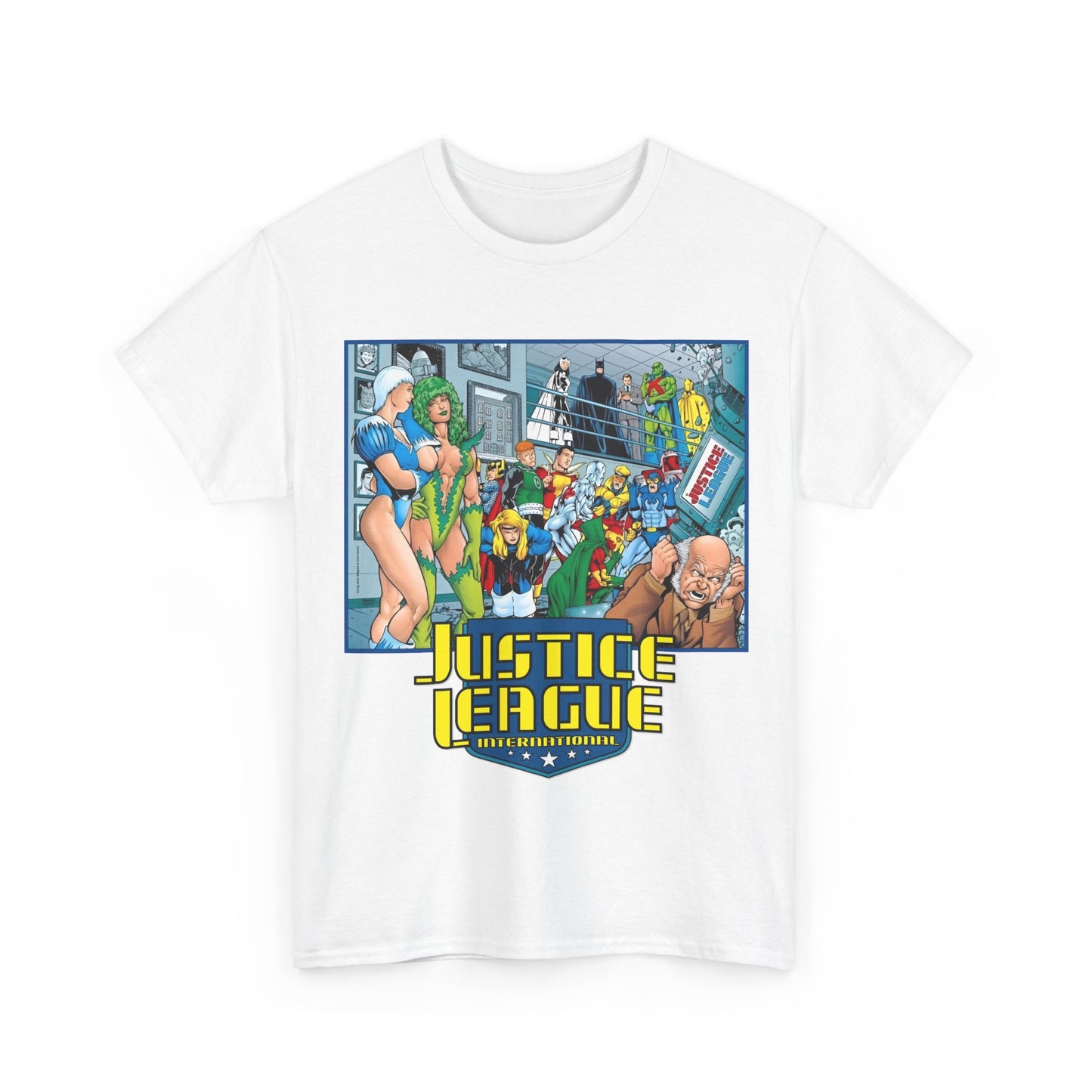 Justice League International T-Shirt - Kevin Maguire Art - Blue Beetle, Booster Gold, Martian Manhunter, Captain Atom, Batman, Fire, Ice - DC Comics - JLI