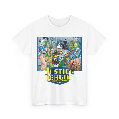 Justice League International T-Shirt - Kevin Maguire Art - Blue Beetle, Booster Gold, Martian Manhunter, Captain Atom, Batman, Fire, Ice - DC Comics - JLI