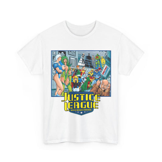 Justice League International T-Shirt - Kevin Maguire Art - Blue Beetle, Booster Gold, Martian Manhunter, Captain Atom, Batman, Fire, Ice - DC Comics - JLI