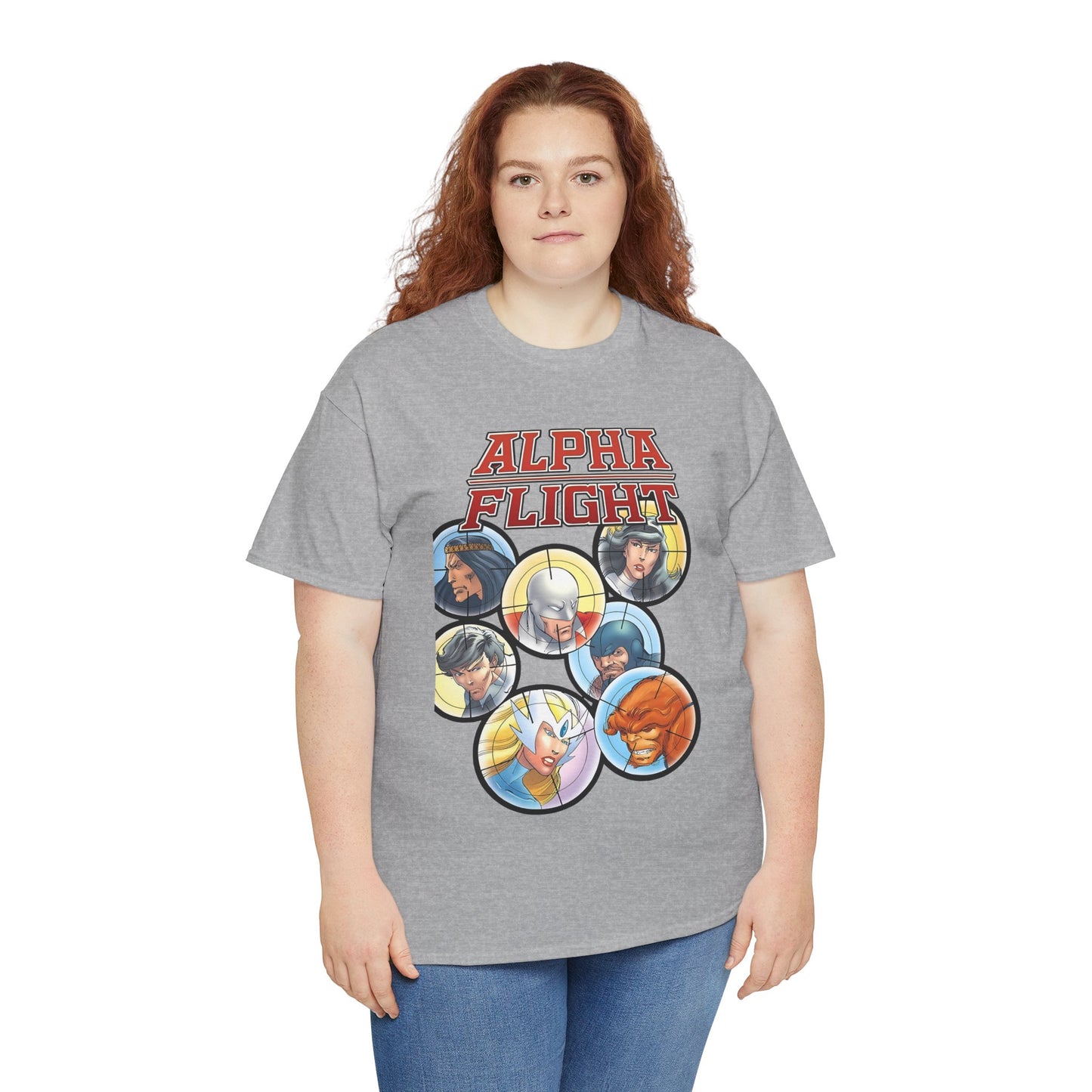 Alpha Flight T-Shirt - John Byrne Art - Guardian, Aurora, Northstar, Sasquatch, Shaman, Puck, Snowbird - Canada's Super Heroes - Marvel Comics