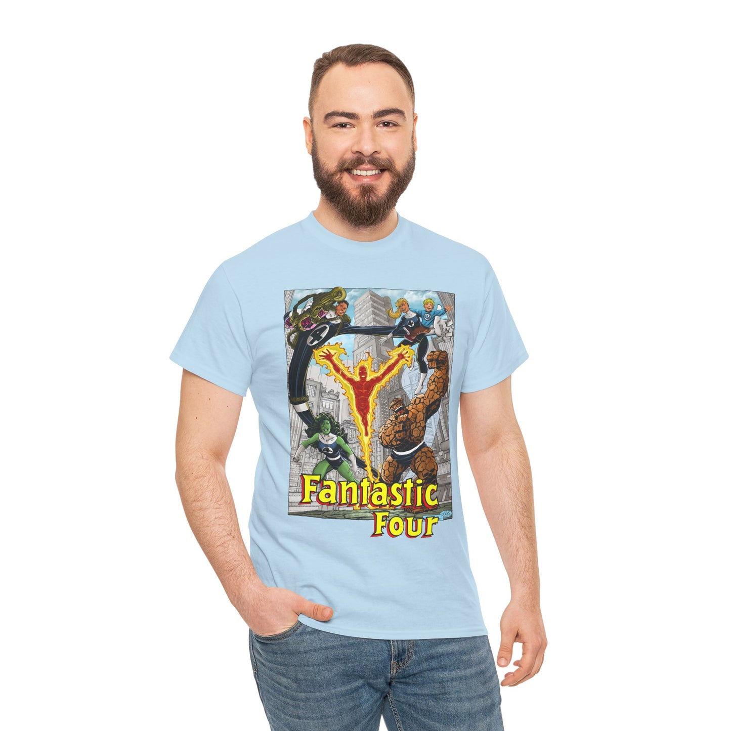 Fantastic Four T-Shirt - John Byrne Art - She-Hulk, Invisible Woman, Thing, Reed Richards, Human Torch - Baxter Building - Marvel Comics