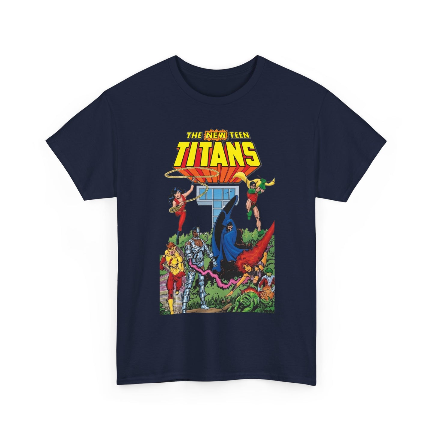 New Teen Titans T-Shirt - George Perez Art - Robin, Wonder Girl, Cyborg, Raven, Changeling, Starfire, Kid Flash - Titans Tower - DC Comics