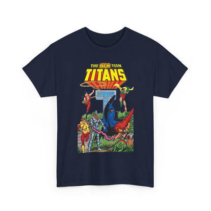 New Teen Titans T-Shirt - George Perez Art - Robin, Wonder Girl, Cyborg, Raven, Changeling, Starfire, Kid Flash - Titans Tower - DC Comics