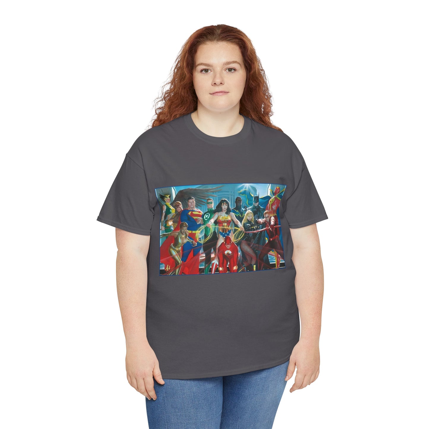 Justice League T-Shirt - Alex Ross Art - Superman, Wonder Woman, Batman, Flash, Black Canary, Vixen, Black Lightning, Green Lantern, Geo-Force, Red Tornado - DC Comics