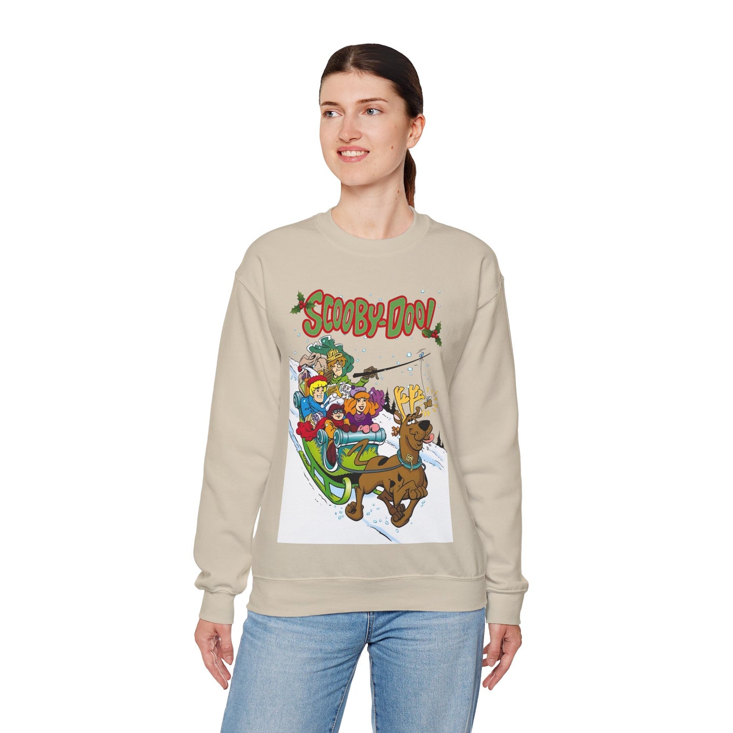 Scooby Doo Christmas Crewneck Sweatshirt - Shaggy, Daphne, Velma, Fred Sleighing Through the Snow