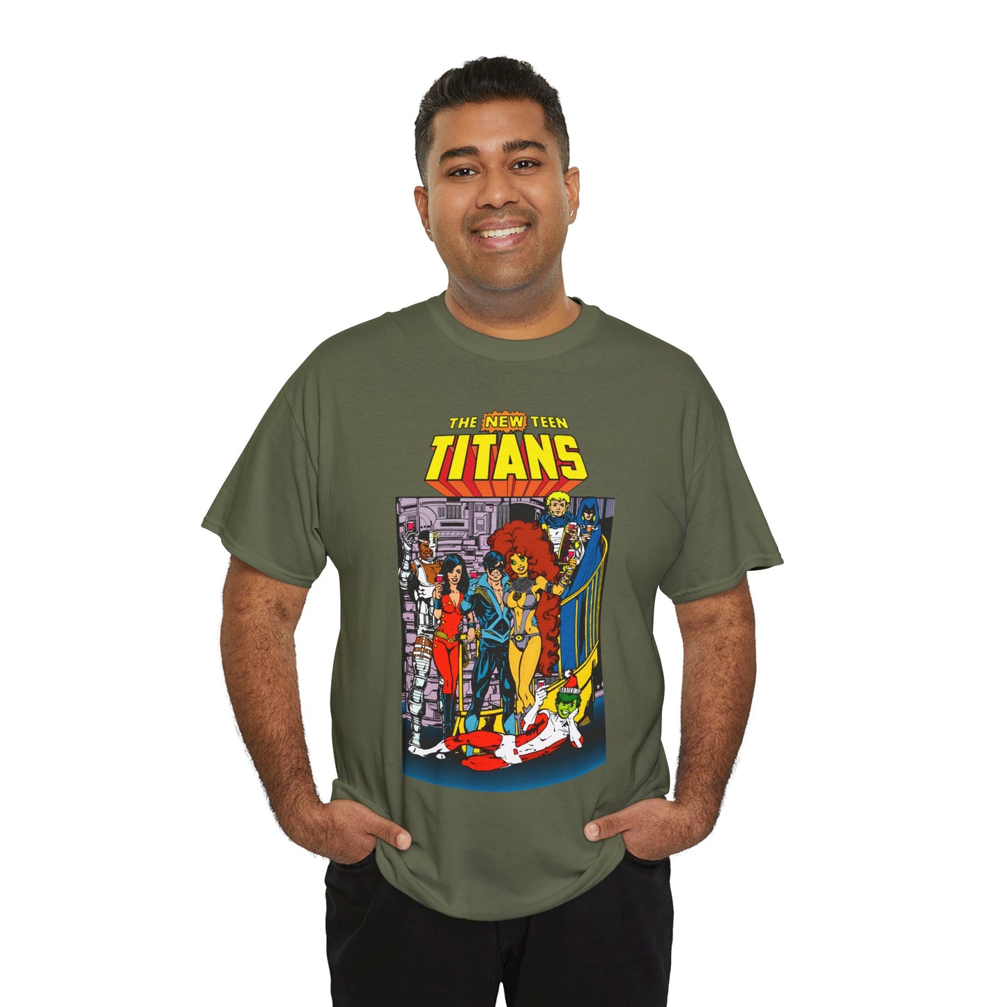 New Teen Titans T-Shirt - George Perez Art - Nightwing, Cyborg, Raven, Starfire, Wonder Girl, Changeling, Jericho - Titans Tower - DC Comics