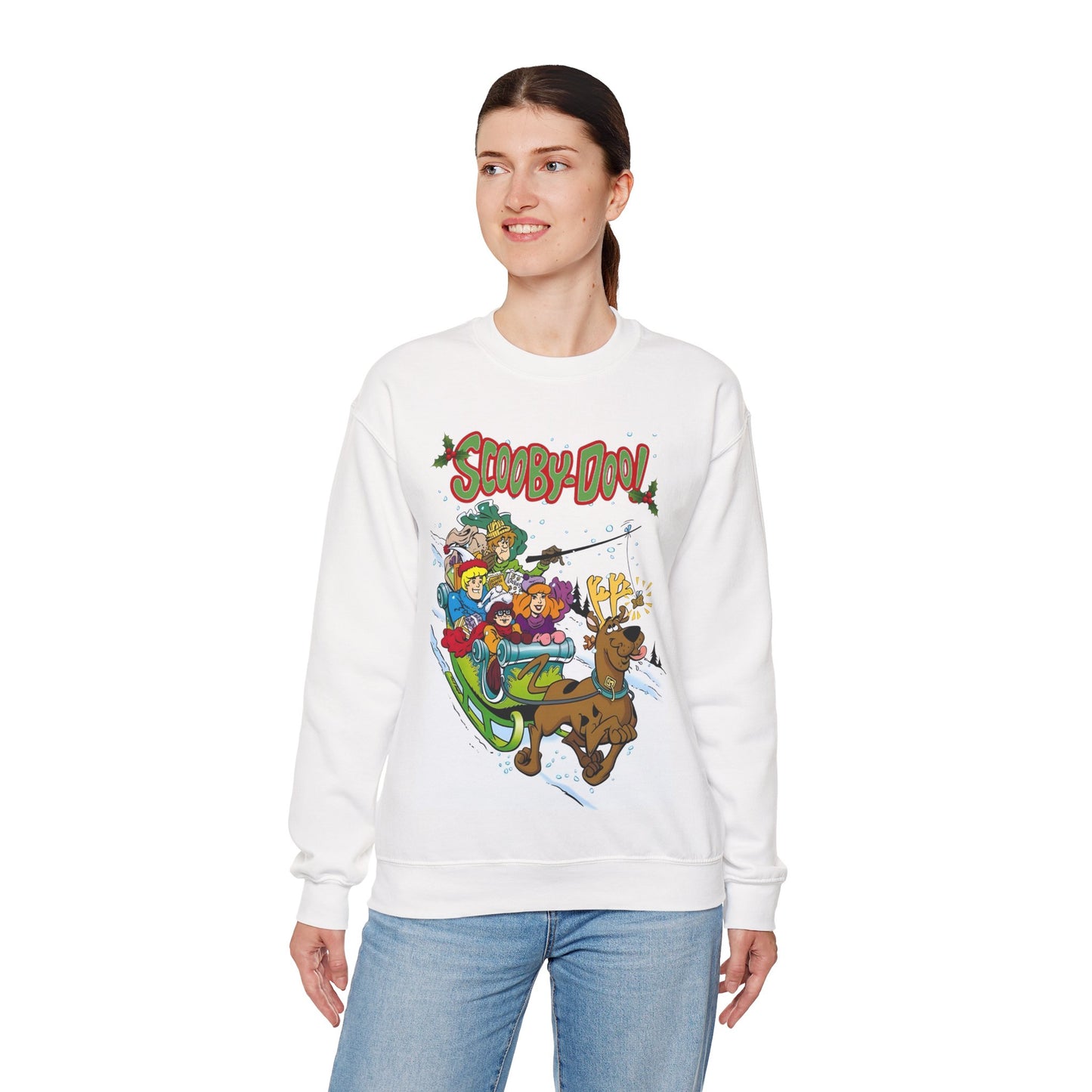 Scooby Doo Christmas Crewneck Sweatshirt - Shaggy, Daphne, Velma, Fred Sleighing Through the Snow