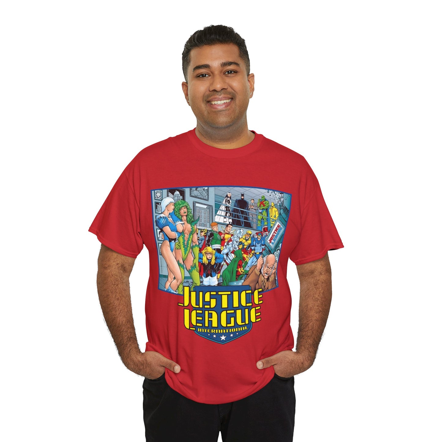 Justice League International T-Shirt - Kevin Maguire Art - Blue Beetle, Booster Gold, Martian Manhunter, Captain Atom, Batman, Fire, Ice - DC Comics - JLI