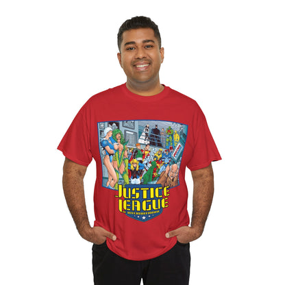 Justice League International T-Shirt - Kevin Maguire Art - Blue Beetle, Booster Gold, Martian Manhunter, Captain Atom, Batman, Fire, Ice - DC Comics - JLI