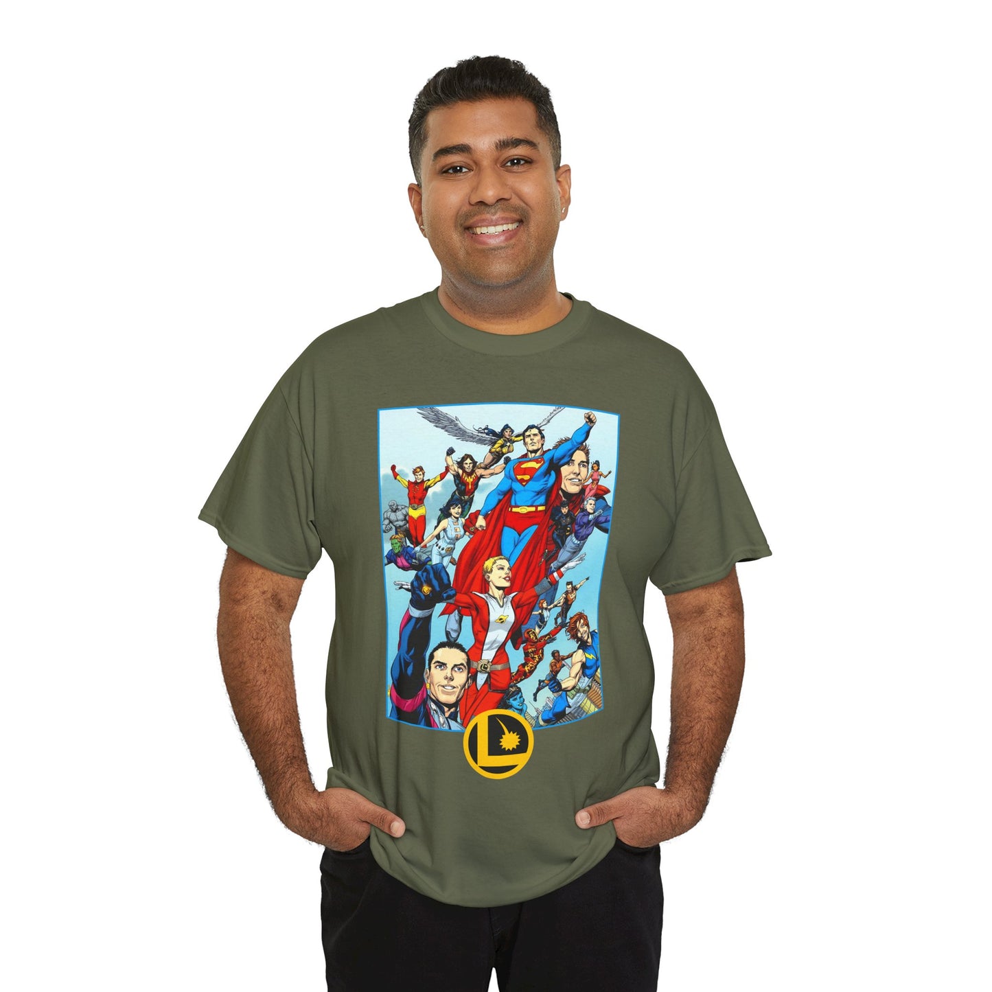 Legion of Super-Heroes T-Shirt - Gary Frank Art - Superman, Saturn Girl, Cosmic Boy, Dawnstar, Brainiac 5, Phantom Girl, Wildfire, Blok, Lightning Lad, Timber Wolf - LOSH - DC Comics