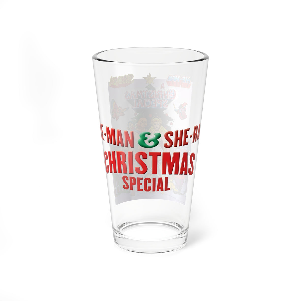 He-Man & She-Ra Christmas Special Pint Glass, 16oz - Masters of the Universe, Princess of Power Filmation Festive Holiday Barware