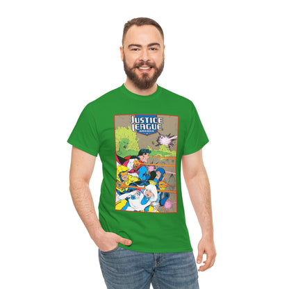 Justice League of America T-Shirt - Dan Jurgens Art - Superman, Fire, Ice, Blue Beetle, Booster Gold, Bloodwynde - DC Comics