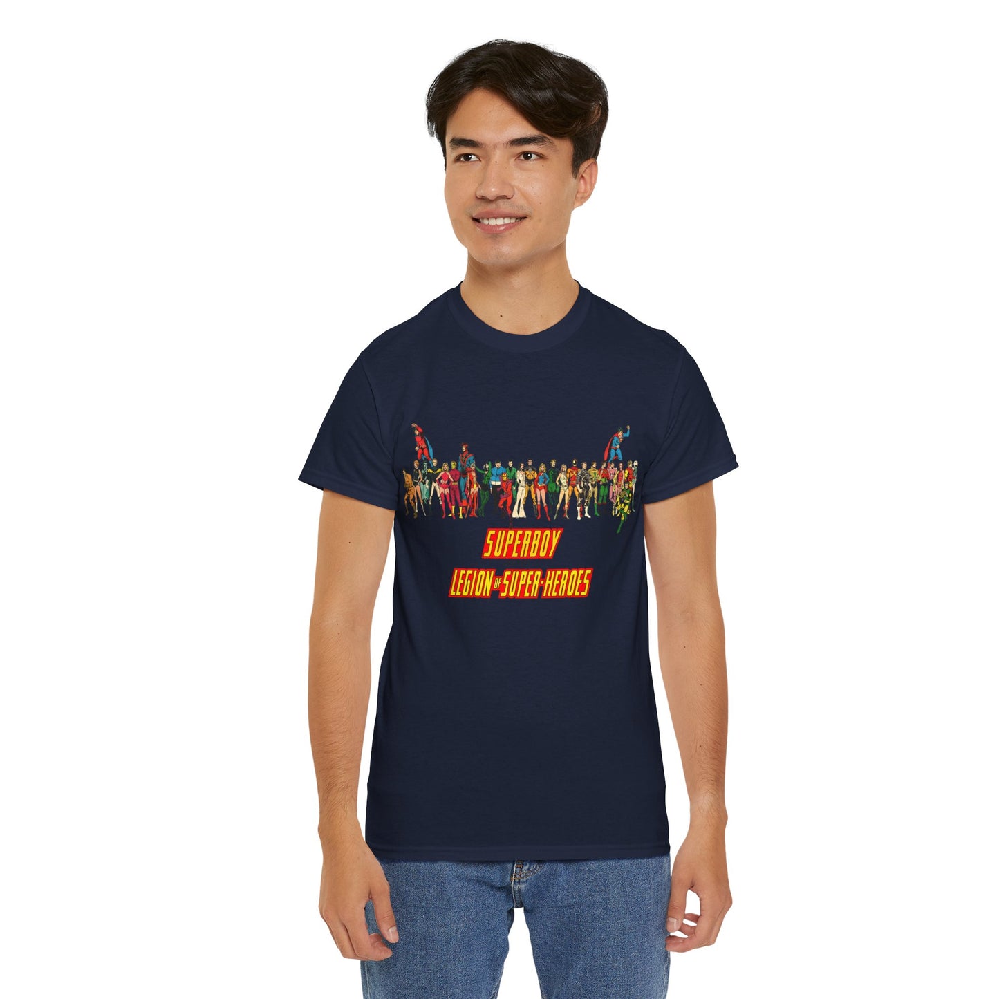 Superboy & Legion of Super-Heroes T-Shirt - 1970s DC Comics Art - Saturn Girl, Lightning Lad, Brainiac 5, Supergirl, Dawnstar, Mon-El, Bouncing Boy, Wildfire - LOSH
