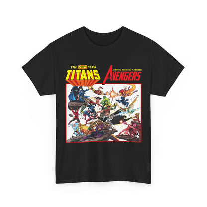 New Teen Titans Vs Avengers T-Shirt - George Perez Art - Hawkeye, Wonder Man, Raven, Starfire, Cyborg, Scarlet Witch, Wonder Girl - DC Comics & Marvel Comics