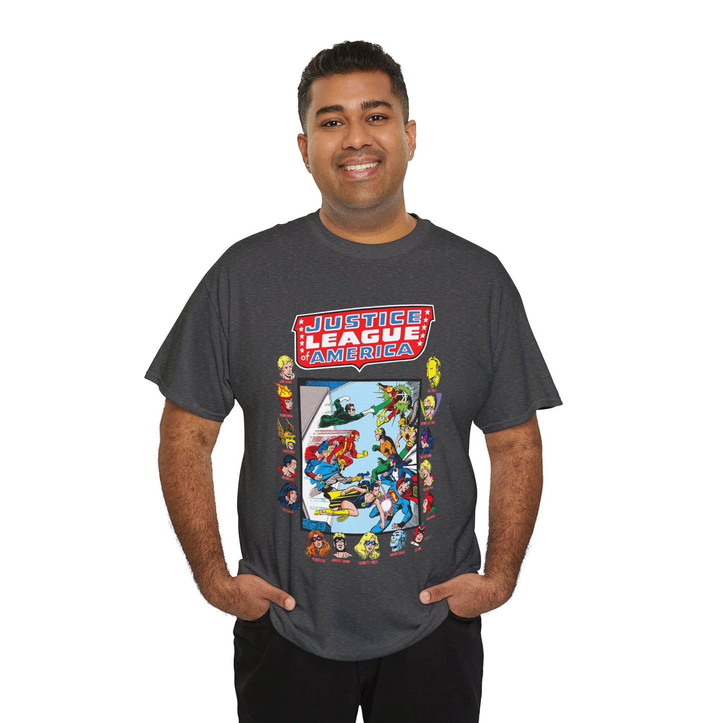 JLA & JSA T-Shirt - George Perez Art - All-Star Squadron - Firestorm, Huntress, Starman, Zatanna, Liberty Belle, Superman, Robotman, Firebrand, Dr Fate - DC Comics