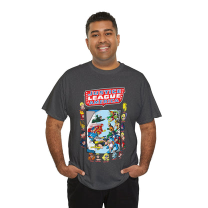 JLA & JSA T-Shirt - George Perez Art - All-Star Squadron - Firestorm, Huntress, Starman, Zatanna, Liberty Belle, Superman, Robotman, Firebrand, Dr Fate - DC Comics