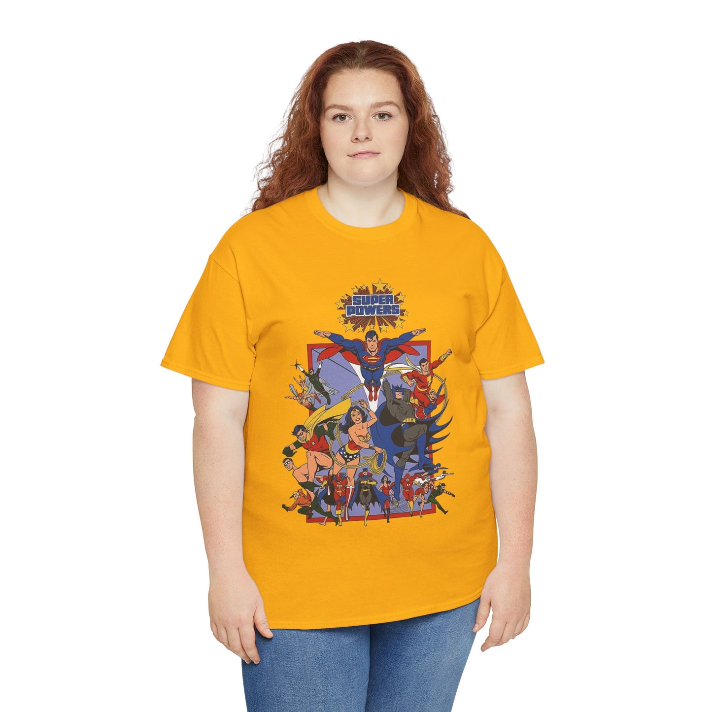 Super Powers T-Shirt - Superman, Flash, Wonder Woman, Batman, Batgirl, Robin, Plastic Man, Aquaman, Hawkman, Supergirl - 1980s Kenner Toy Line - Retro DC Comics