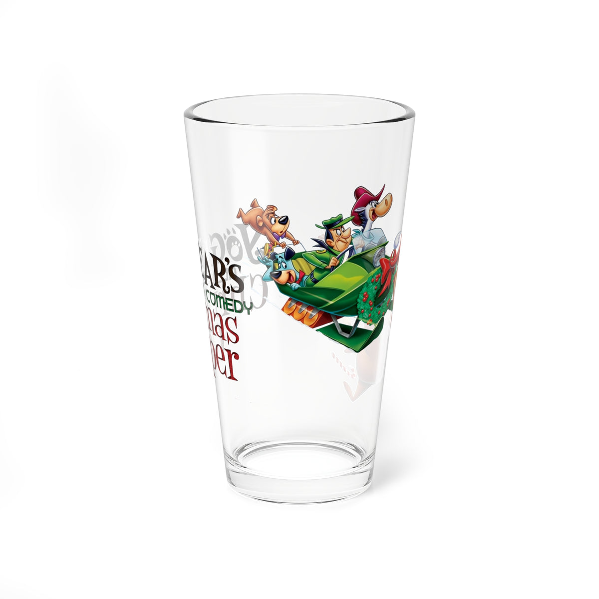 Yogi Bear's All-Star Comedy Christmas Caper Pint Glass, 16oz - Quick Draw McGraw, Huckleberry Hound, Boo Boo - Festive Holiday Barware