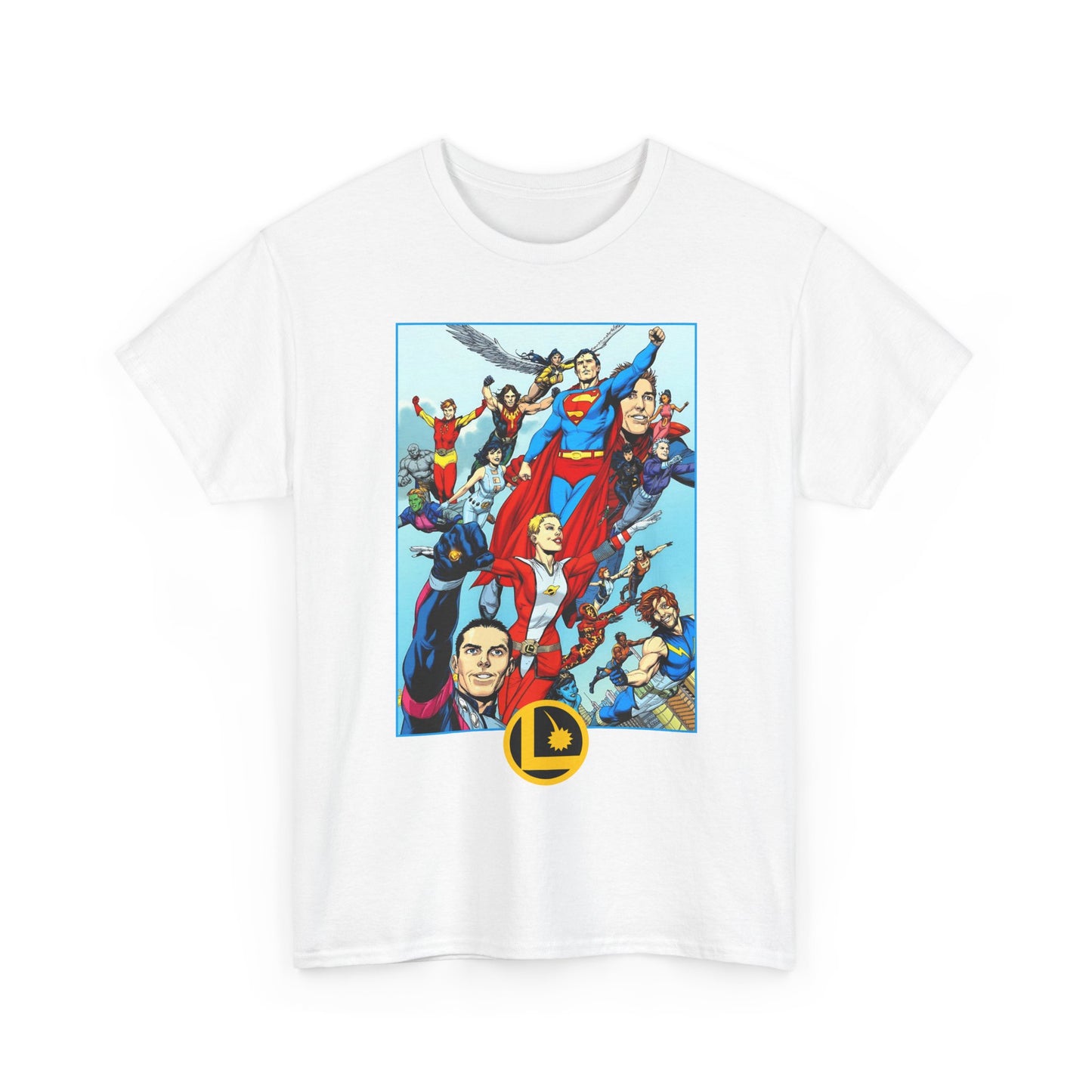 Legion of Super-Heroes T-Shirt - Gary Frank Art - Superman, Saturn Girl, Cosmic Boy, Dawnstar, Brainiac 5, Phantom Girl, Wildfire, Blok, Lightning Lad, Timber Wolf - LOSH - DC Comics